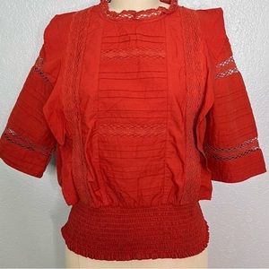 Broadway 38 crop smocked terracotta boho hippie eyelet ruffle blouse